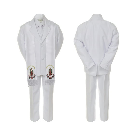 Baby Boy Christening Formal White Single Breasted Suit Silver Gold Guadalupe on Stole Sm-20