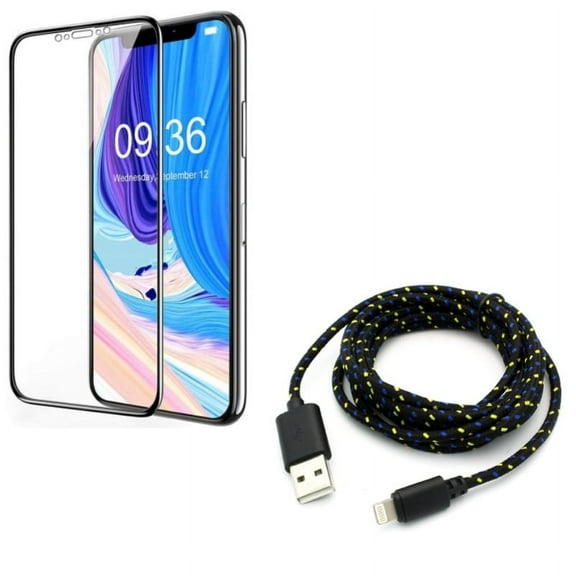 iPhone XS/X - Ceramics Screen Protector w Charger Cord 6ft USB Cable - Matte 3D Curved Edge Full Cover Anti Glare Anti Fingerprint 9H Hardness, Power Wire Braided Long Sync Fast Charge
