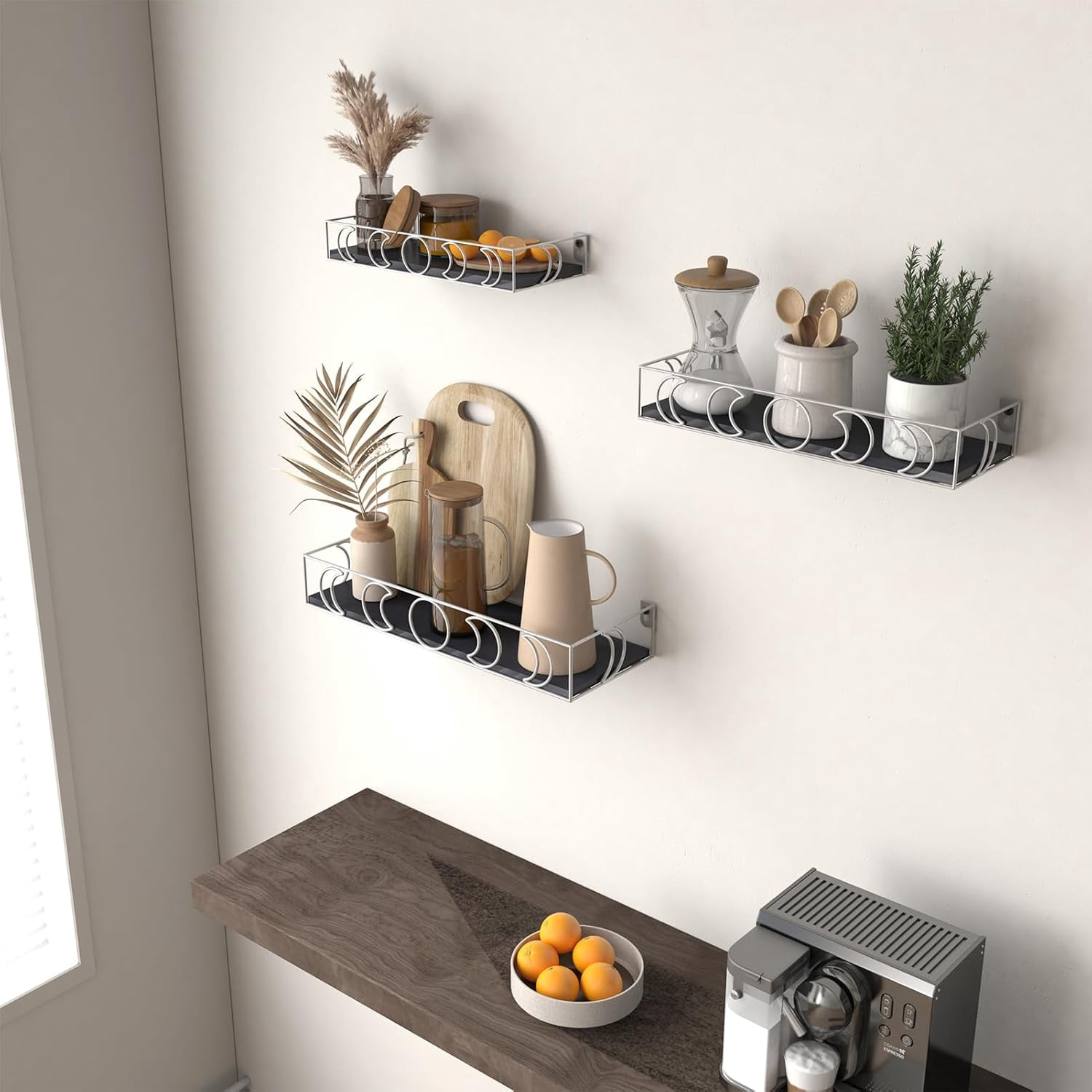 Moon Phase Floating Shelves Black Silver, Set of 3 Small Decorative Wall Shelves for Book Plant Storage, Crystal Figurine Collectibles Display Shelf for Bedroom Kid Room