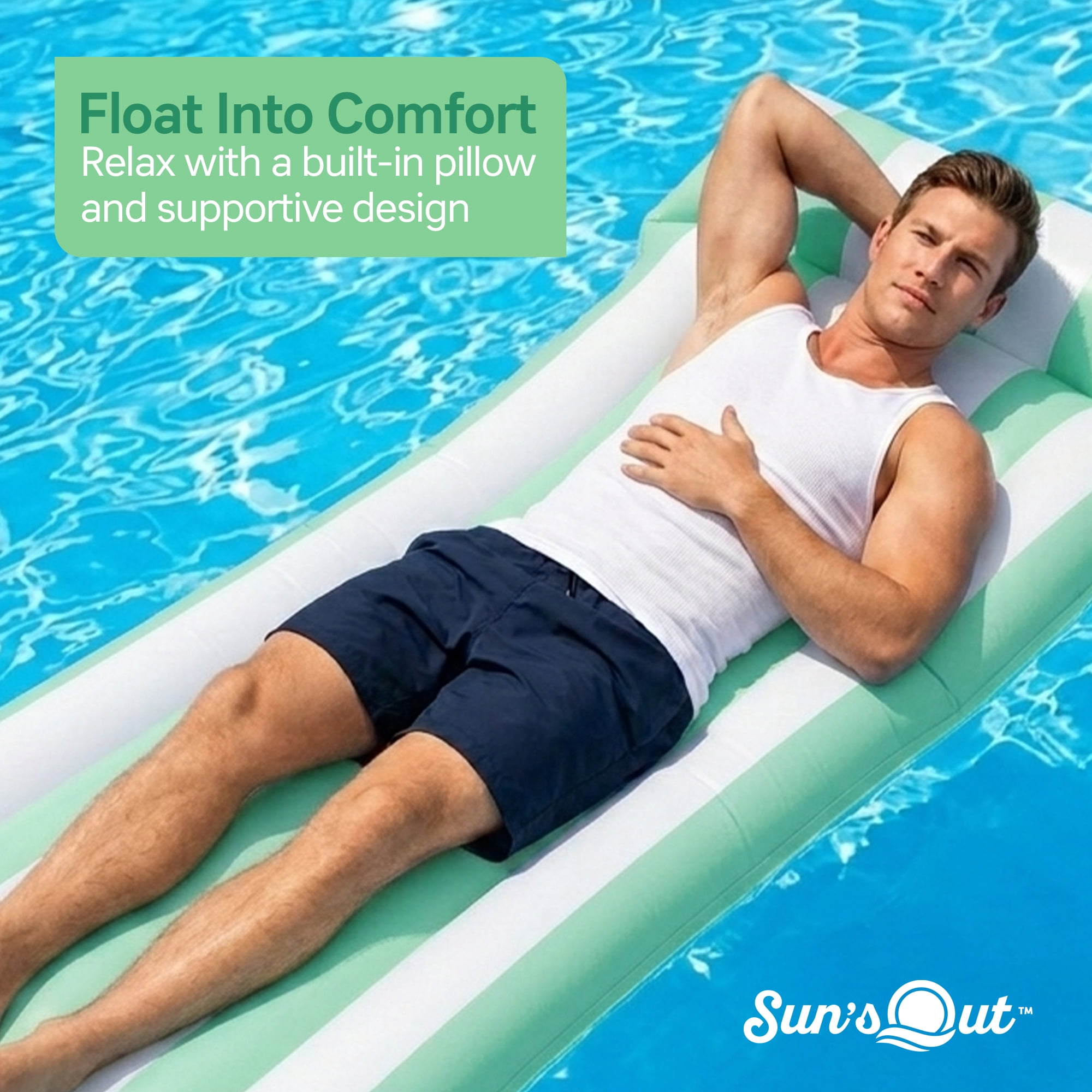 Sun's Out Pool Lounger 70" Inflatable Raft with Built-In Pillow for Ages 14+