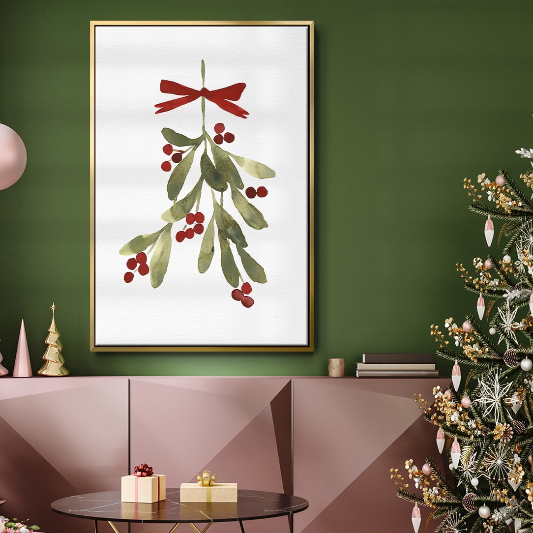 Mistletoe Bow I - Framed Gallery Wrapped Holiday Canvas - 25 x 37 - Gold Frame
