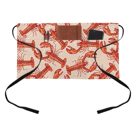 Red Lobster Kitchen Restaurant Half Waist Apron, Summer Crawfish Ocean Animal Minimalist Art Retro Server Short Apron with 3 Pockets Waterproof Oil Waist Aprons for Women Waitress Waiter