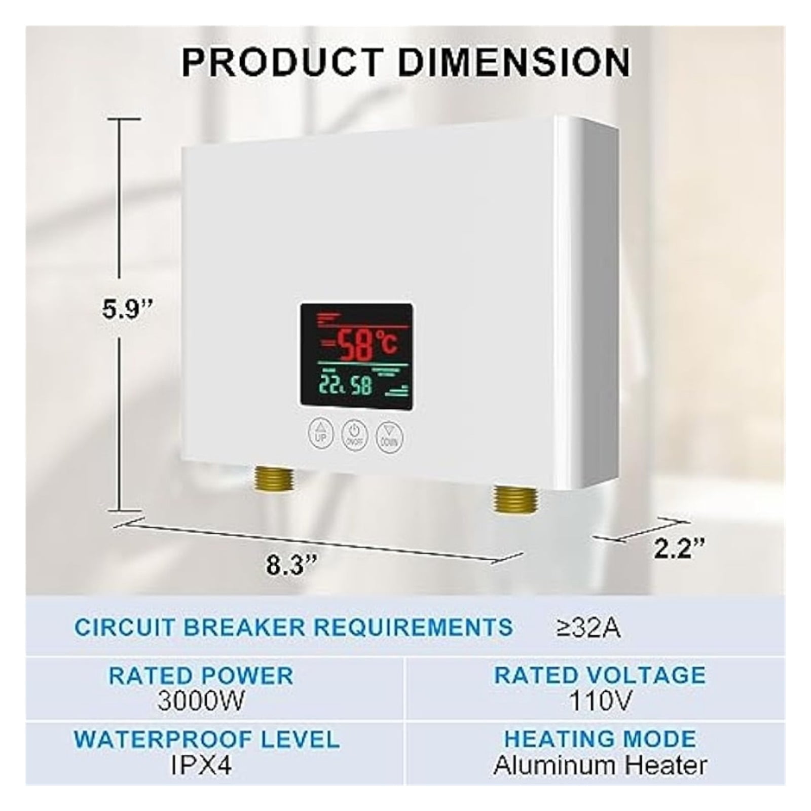 Electric Tankless Water Heater 3000W With Remote And LED Display - Automatic Control System - Fault Self-Test Function ,Safety Protections