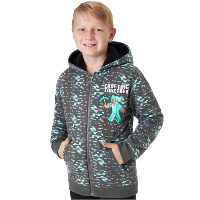 Sudadera con Capucha de Forro Polar con Cierre y Bolsillos para Niños Minecraft Gris
