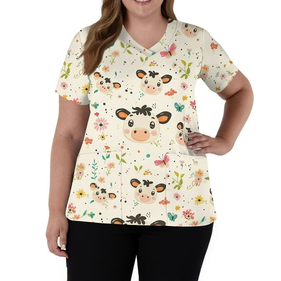 SAATLERI Scrub Shirts for Women Funny Medical Scrub Shirts Plus Size Cute Cartoon Graphic Print Nurse Uniforms Tunic Tops with Pockets