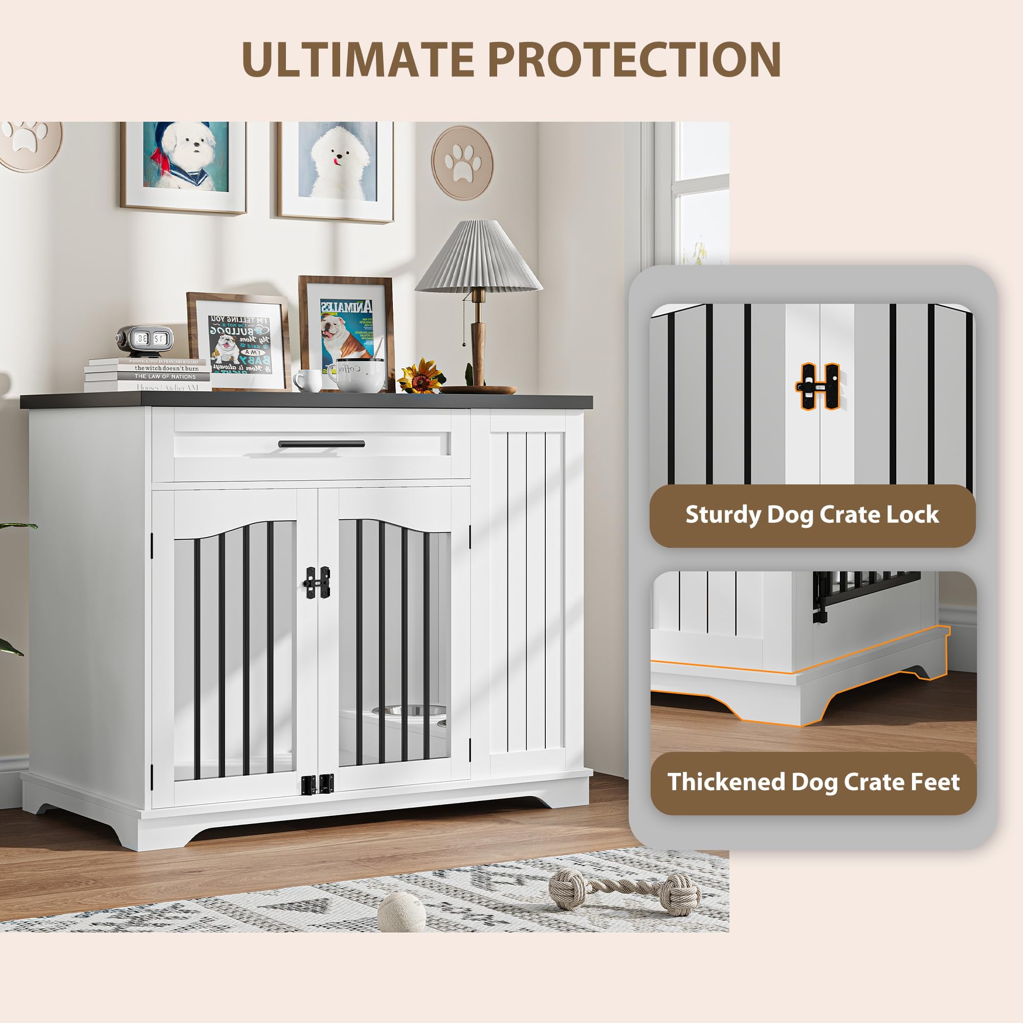 Garvee 43'' Dog Crate Furniture, Dog Kennel Indoor with 1 Big Storage Drawers and Hidden Feeding Bowl, Sturdy Wood Dog Crate with 2 Doors and Adjustable Shelf for Small, Medium Dogs White
