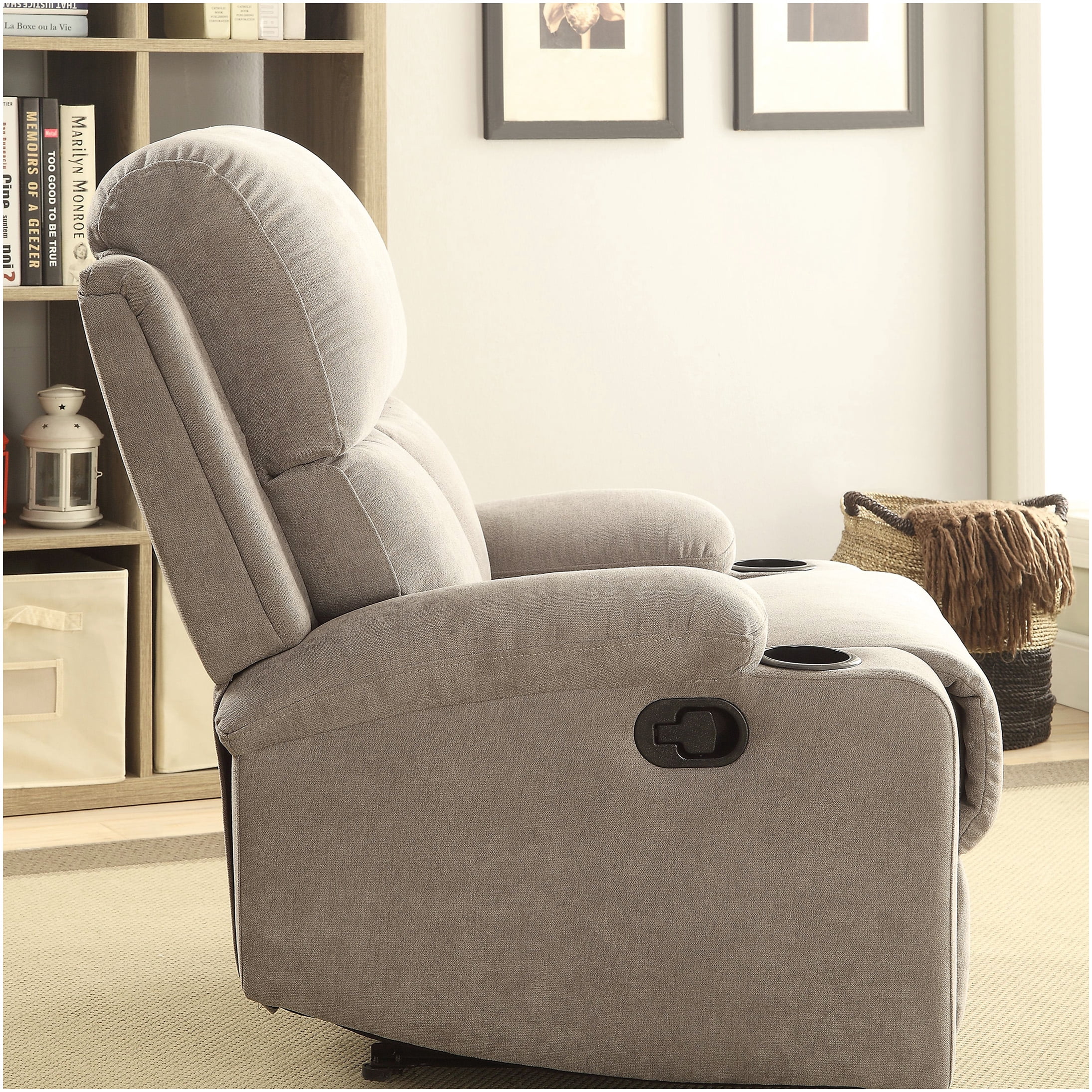 Gray Fabric Recliner Chair with Cup Holder and Smooth Motion Mechanism for Living Room