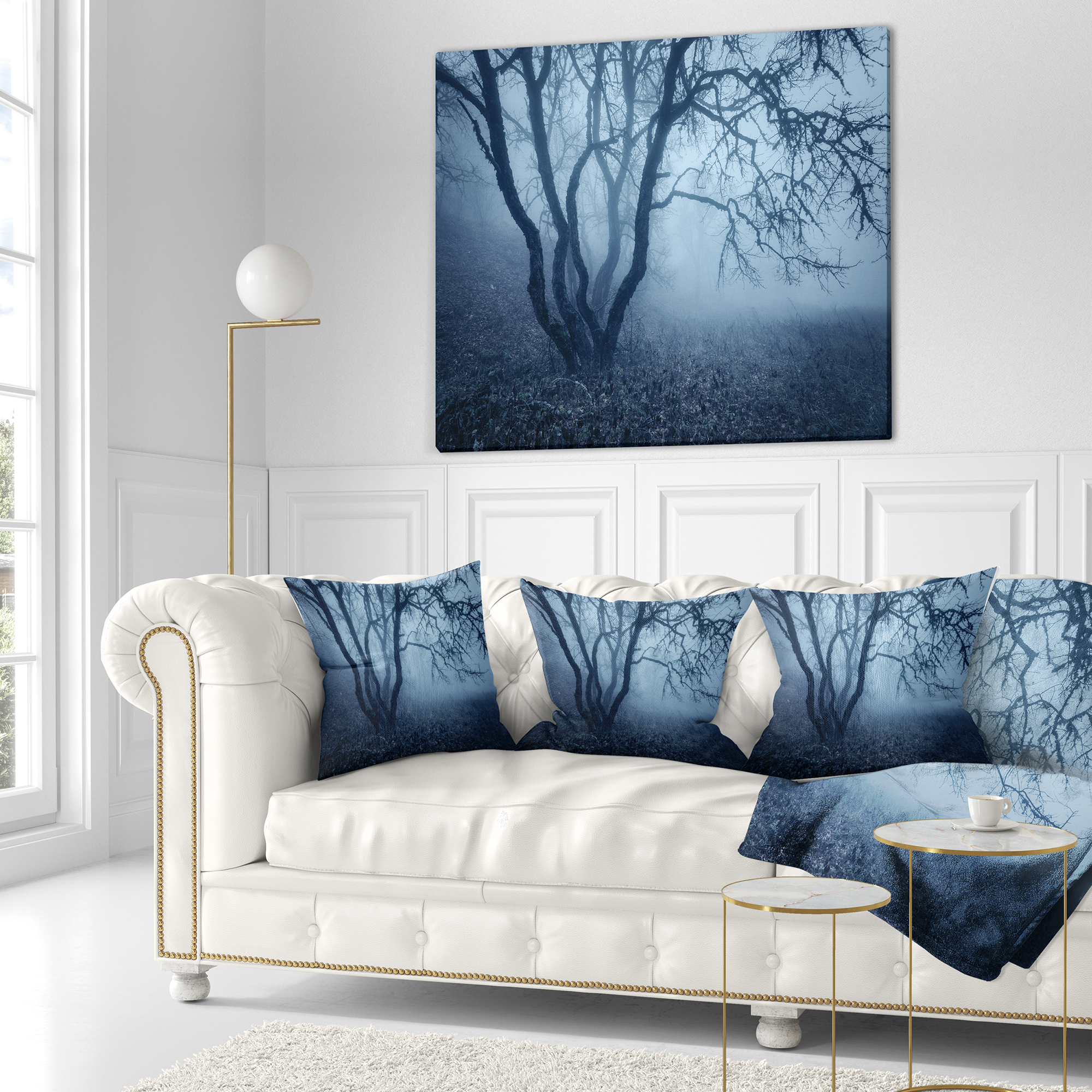 Designart Tree in Foggy Dark Forest - Landscape Photography Throw Pillow - 18x18
