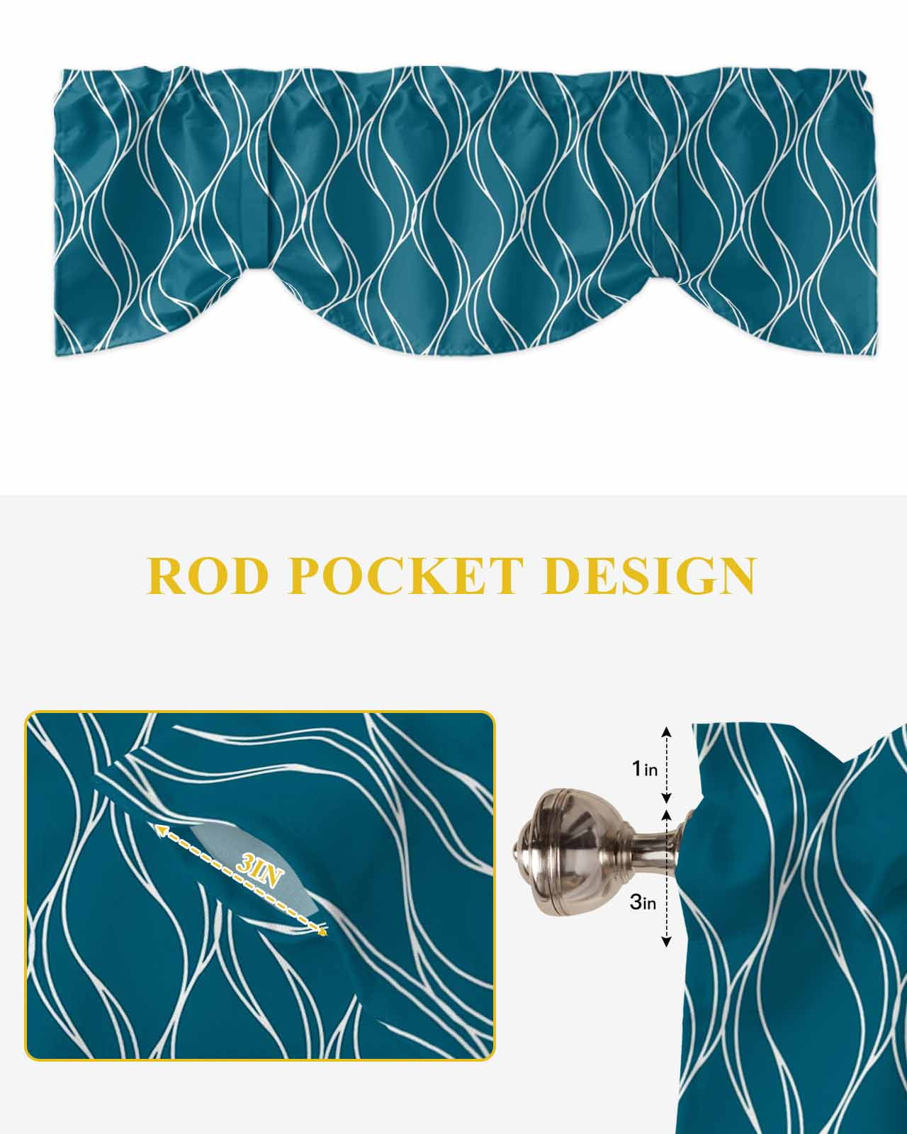 Peacock Blue Lines Tie Up Valances Curtain, Adjustable Kitchen Abstract Waves Striped Classic Valances for Windows Decor, Rod Pocket Short Curtains Set for Bedroom/Bathroom, 60"x18"