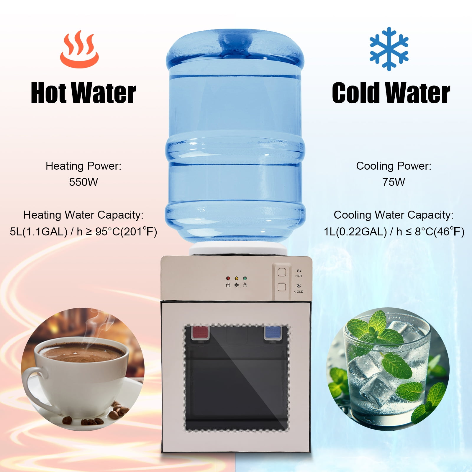 Hot & Cold Water Cooler Dispenser – 3-5 Gallon Capacity, Champagne Gold, Food-Grade, Detachable for Easy Cleaning