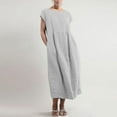thumbnail image 2 of Fesfesfes Plus Size Linen Dress for Women Solid Color Pullover Dress Round Neck Micro Sleeve Dress Loose Casual Baggy Kaftan Dress, 2 of 4