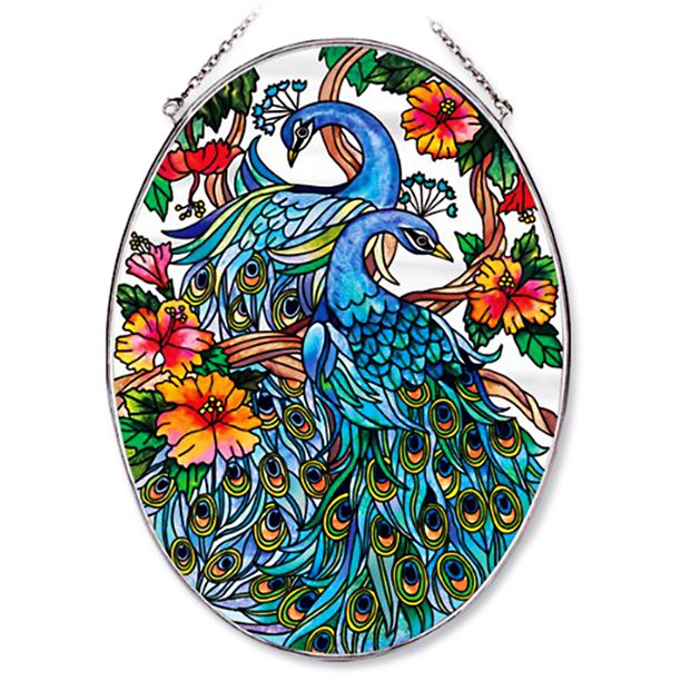 Amia Oval Stained Glass 6.5" Suncatcher Peacock