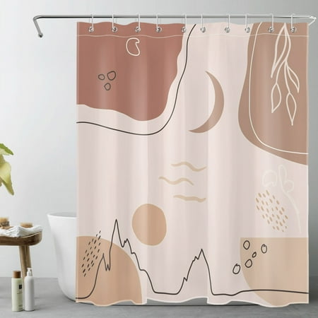 HVEST Mid Century Boho Shower Curtain for Bathroom Abstract Geometric Pattern and Moon Sun on Pink Bathroom Shower Curtains with Hooks, Modern Minimalist Bathroom Curtains Shower Set 60x72 inch