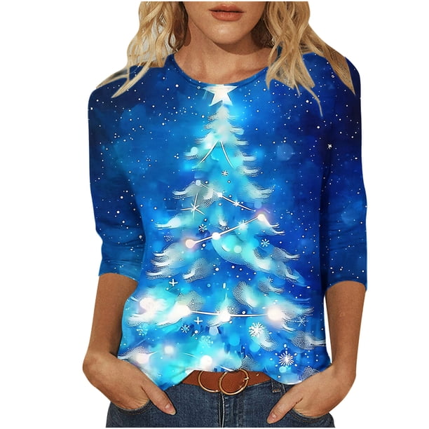 Camisetas de Manga Larga de las Mujeres Imprimir Navidad Cuello Redondo 3/4 Manga Suéter, Top Casual para las Vacaciones