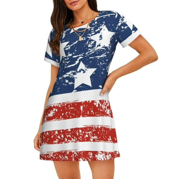 Disketp USA Colors Stripes1 para Camisón Corto de Manga Corta para Mujeres, Camisón Cómodo con Escote Redondo, Bonito y Confortable