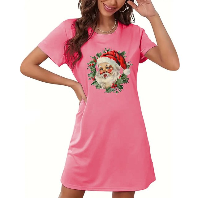 Sakmal Chemises de Nuit Roses Femmes Douces Grande Taille Robe de Maison Ludique de Noël Imprimé Père Noël Manches Courtes Col Rond Chemises de Nuit P-2TG
