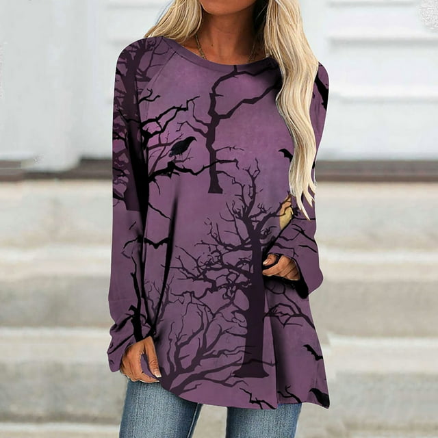 Costumes d'Halloween pour Femmes 2023 en Liquidation T-Shirts Oversize à Col Rond pour Femmes Imprimé Halloween Manches Courtes T-Shirt Blouse Hauts
