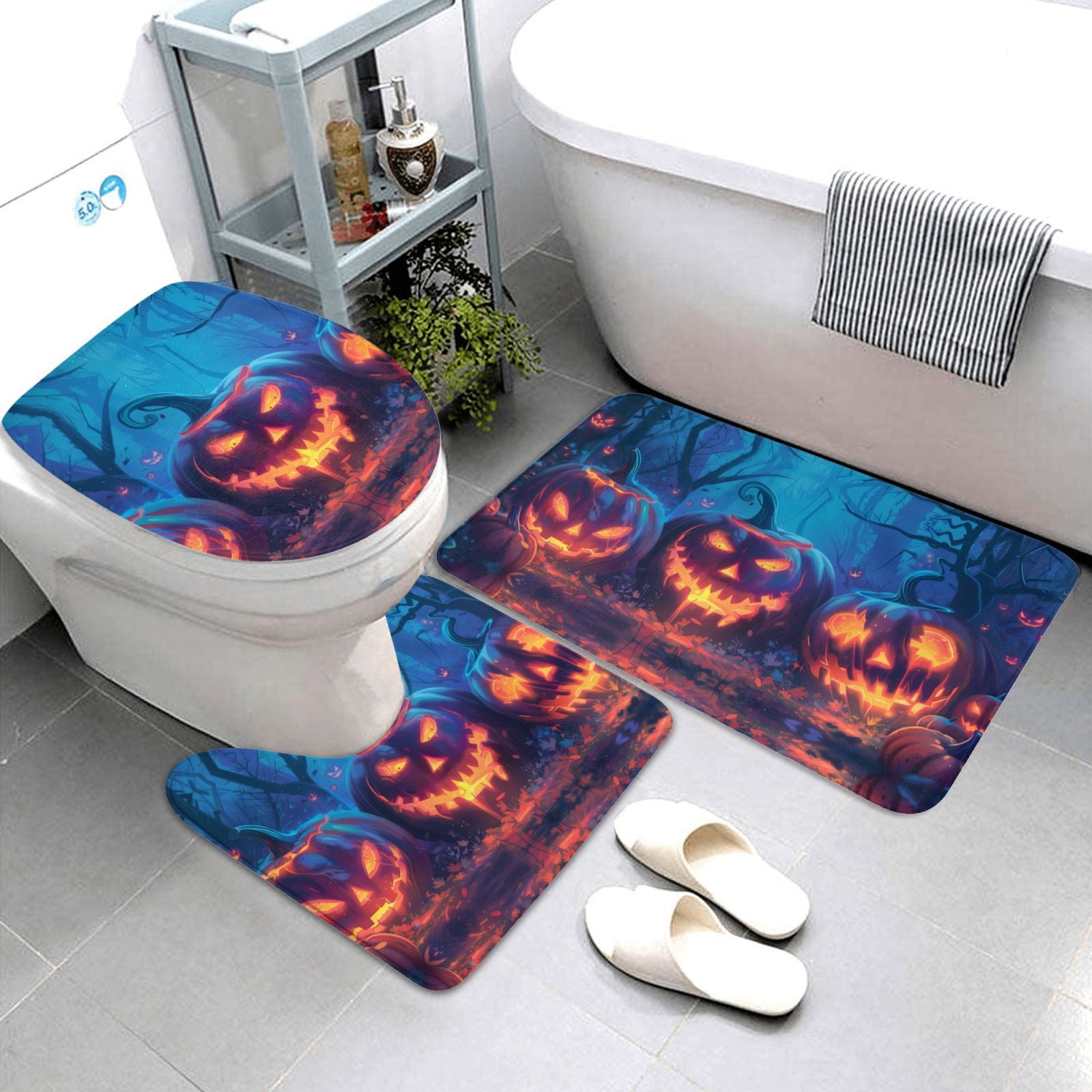 Bathroom Rugs Sets 3 Piece - Halloween Forest Pumpkin Lantern Absorbent Non Slip Bath Mats, U-Shape Toilet Lid Cover, Contour Mat, Soft Washable Shower Mats Bath Rug Mat for Bathroom Tub Toilet