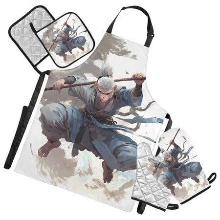 Monkey with Stick 5 Pcs Kitchen Set Heat Resistant Oven Mitts and Non-Slip Pot Holders with Adjustable Cooking Apron