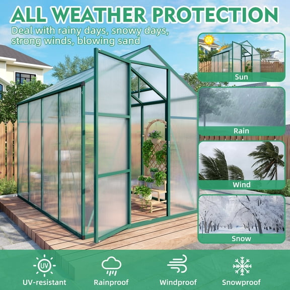 Newly marketed Gain height windproofaluminum greenhouse 6x8 FT Polycarbonate Greenhouse Raised Base and Anchor Aluminum Heavy Duty Walk-in Greenhouses for Outdoor Backyard in All Season