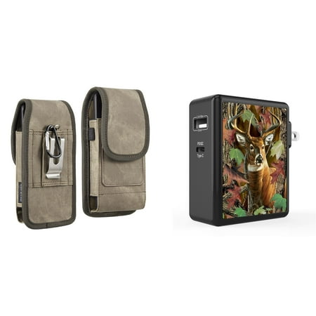 

Holster and Wall Charger Bundle for Moto G 5G (2022): Vertical Rugged Denim Nylon Belt Pouch Case (Brown) and 45W Dual USB Port PD Type-C and USB-A Power Adapter (Deer Hunter Camo)