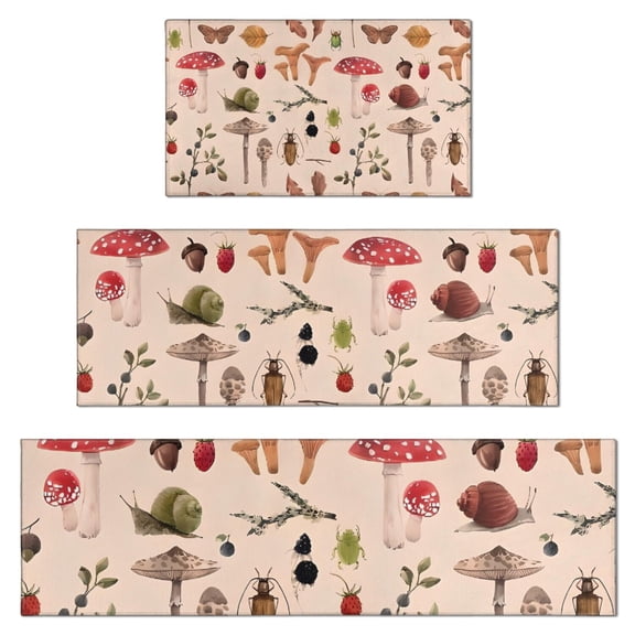 Colorful Mushroom Insect Light Pattern Kitchen Rugs Sets Of 3,Kitchen Runner Rugs Non Skid Washable,Decorative Kitchen Floor Mats for Kitchen,Sink,Laundry,17"x30"  17"x47"   17"x59"