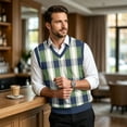 thumbnail image 7 of Dwellite Mens Plaid Sweater Vest Casual Sleeveless Knit Pullover V Neck Business Office Fall Winter Sweaters Green 4XL, 7 of 7