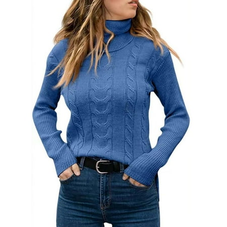 STETMN Women s Turtleneck Sweater Long Sleeve Cable Knit Pullover Sweater Loose Fit Chunky Jumper Tops Blue M
