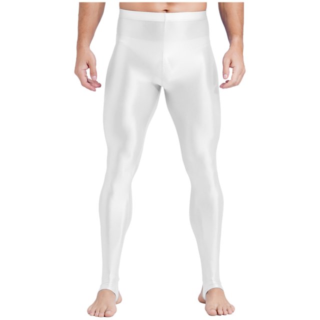 Sxiwei Men's Shiny Compression Pants Oil Glossy Stretchy Workout Sports Base Layer Trousers White A L