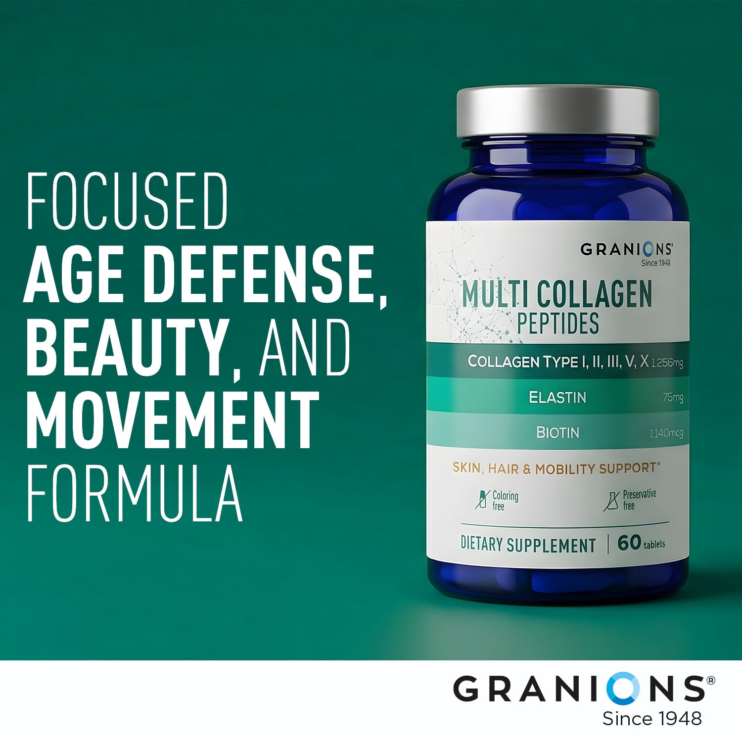 Granions Hydrolyzed Multi Collagen Peptides Pills  - Type I, II, III, V, X Marine Collagen, Hyaluronic Acid, Biotin - 60 Tablets