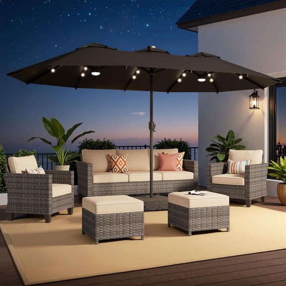 15ft Large Patio Umbrellas with Solar Lights, Outdoor Rectangle Double-Sided Market Umbrella with Stand,Outside Umbrellas with Base Include for Poolside Lawn Backyard, Ivory,Pool,Dark Grey