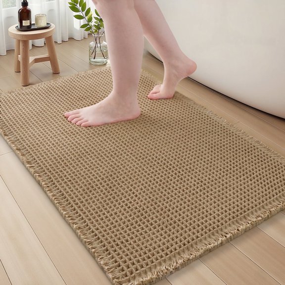 SIXHOME Bathroom Rugs Waffle Bath Rug Super Soft Absorbent Non Slip Bath Mat Beside Tub Rubber Backed Machine Washable Bathroom Rugs with Tassels Boho Bathroom Decor 17" x 24" Brown