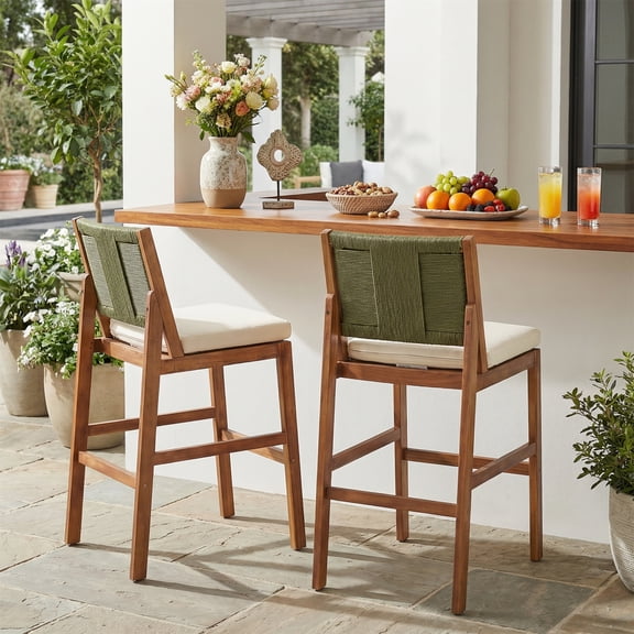 Bar Stools Set of 2, Outdoor Acacia Wood Teak Finish Bar Height Chairs with Cream Cushion, Teak