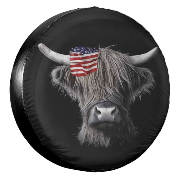 KAKALAD Highland Cow America Black Spare Tire Cover Universal Vehicle Accessories Buckle Car Tools 14”in