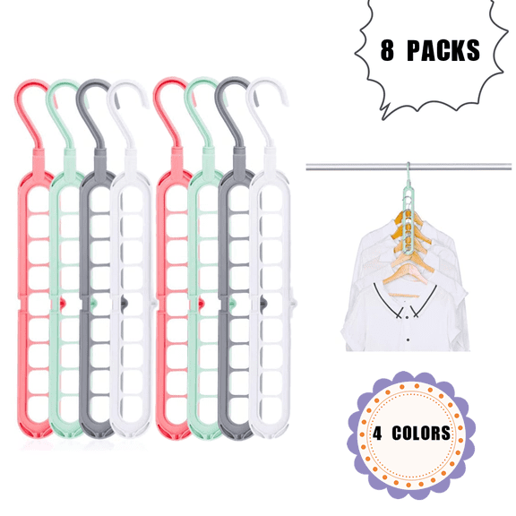 8 Pack Of Space-Saving Hangers, 9-Hole Multipurpose Plastic Magic Hangers, Closet Hanger Organizer, Four Colors
