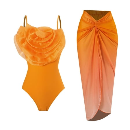 RUTAYY Women Big Flowers Monokini Swimwear+ Cover Up 2PCS Vintage Flower Print Swimsuit Monokini Bikini Tankini Set Summer Beachwear