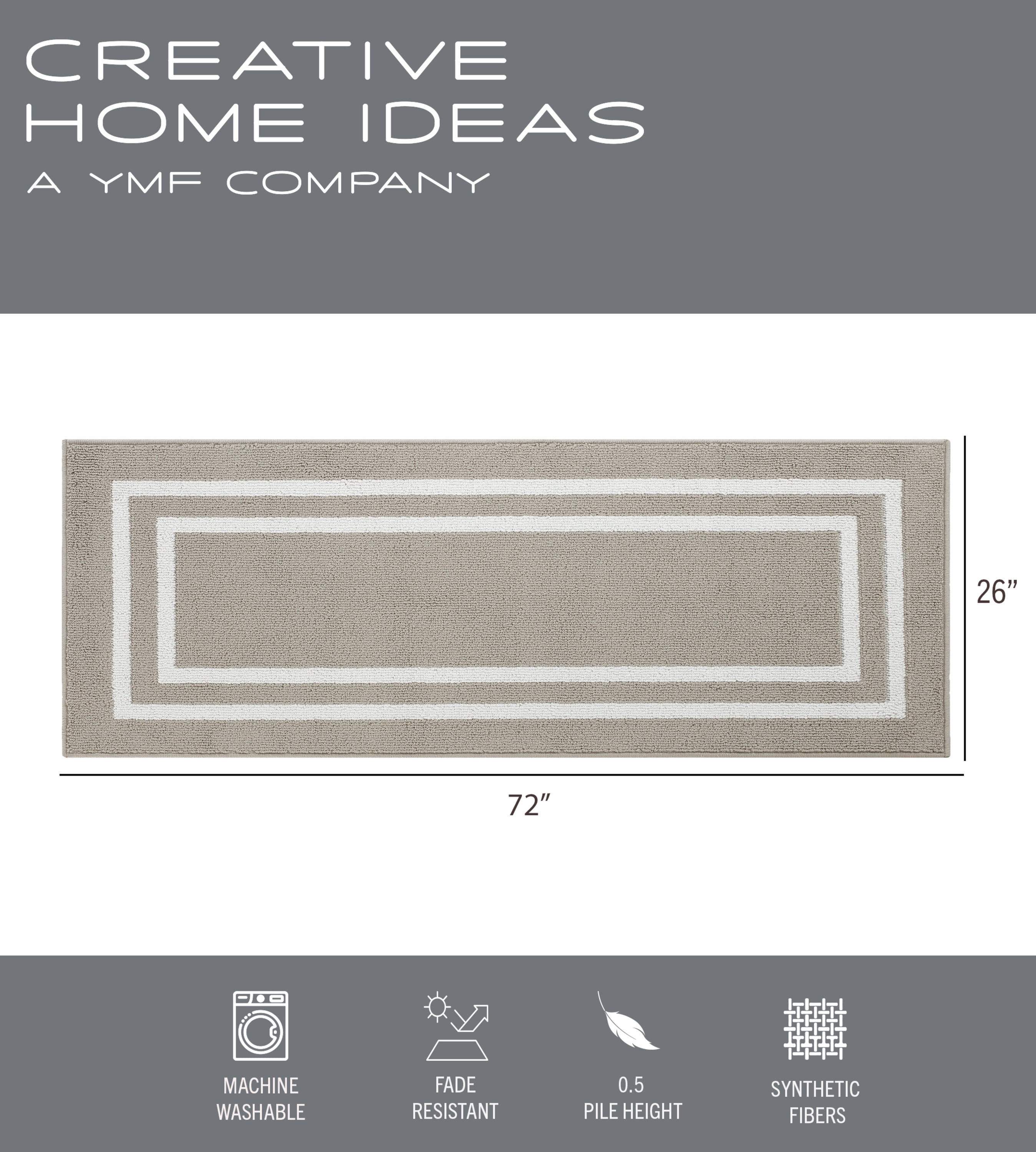 Washable Skid-Resistant Runner Rug, Border, Light Grey and White, 26" x 72"