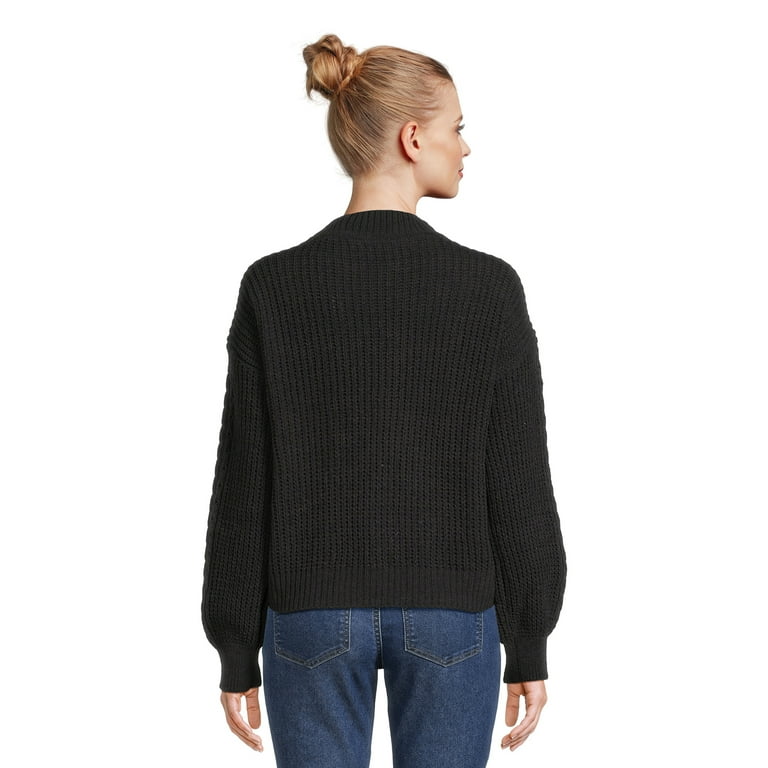 No Boundaries Juniors' Mock Neck Cable Knit Sweater, Midweight