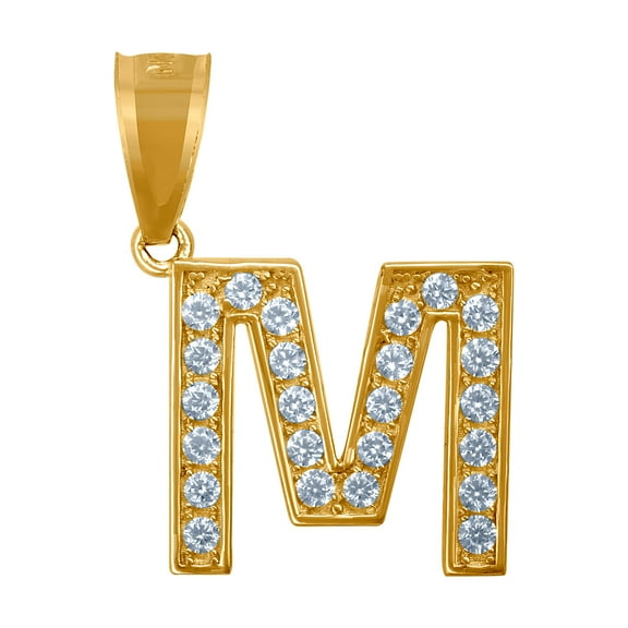 10k Yellow Gold Unisex Cubic Zirconia M Alphabet Letter Name Personalized Monogram Initial Charm Pendant Necklace 17x12.