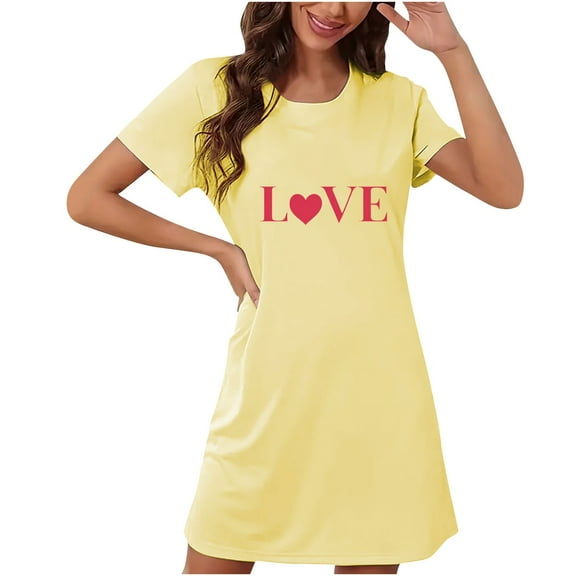 Xysaqa Womens Tshirt Dress Nightgown Crew Neck Sleepshirts Comfy Casual Nightshirt Love Letter Printed Nightgowns for Women Soft (Available In Plus Size) Summer Savings Yellow XL