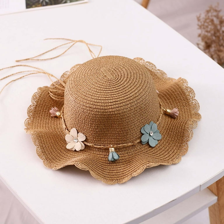 Women Fashion Flower Lace Ribbon Wide Brim Caps Summer Beach Rope Beach Hat  Sun Hat Sun UV Protective Hat Straw Hats for Women 