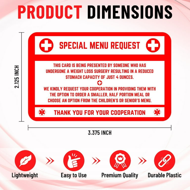 Bariatric Card for Restaurants, Special Menu Request Card, Portion Control  Restaurant Request for Bariatric or Gastric Sleeve Patients, Wallet Sized,  ...