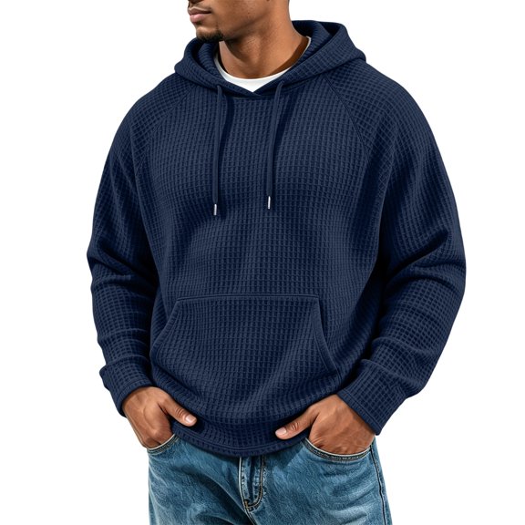 Domzest Mens Waffle Hoodies Long Sleeve Drawstring Hooded Sweatshirt 2026 Fall Casual Textured Streetwear Pullover Navy M