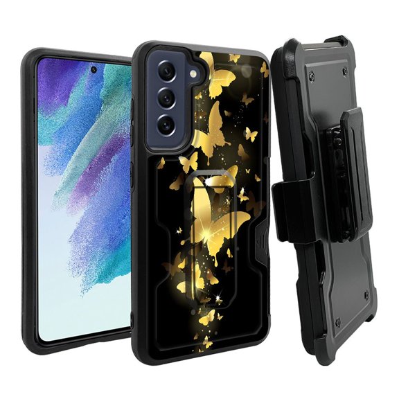 ANJ Rugged Dual Layer Shockproof Holster Case w/Card Slot, Kickstand Tempered Glass for Samsung Galaxy S21 FE 5G - Golden Butterflies