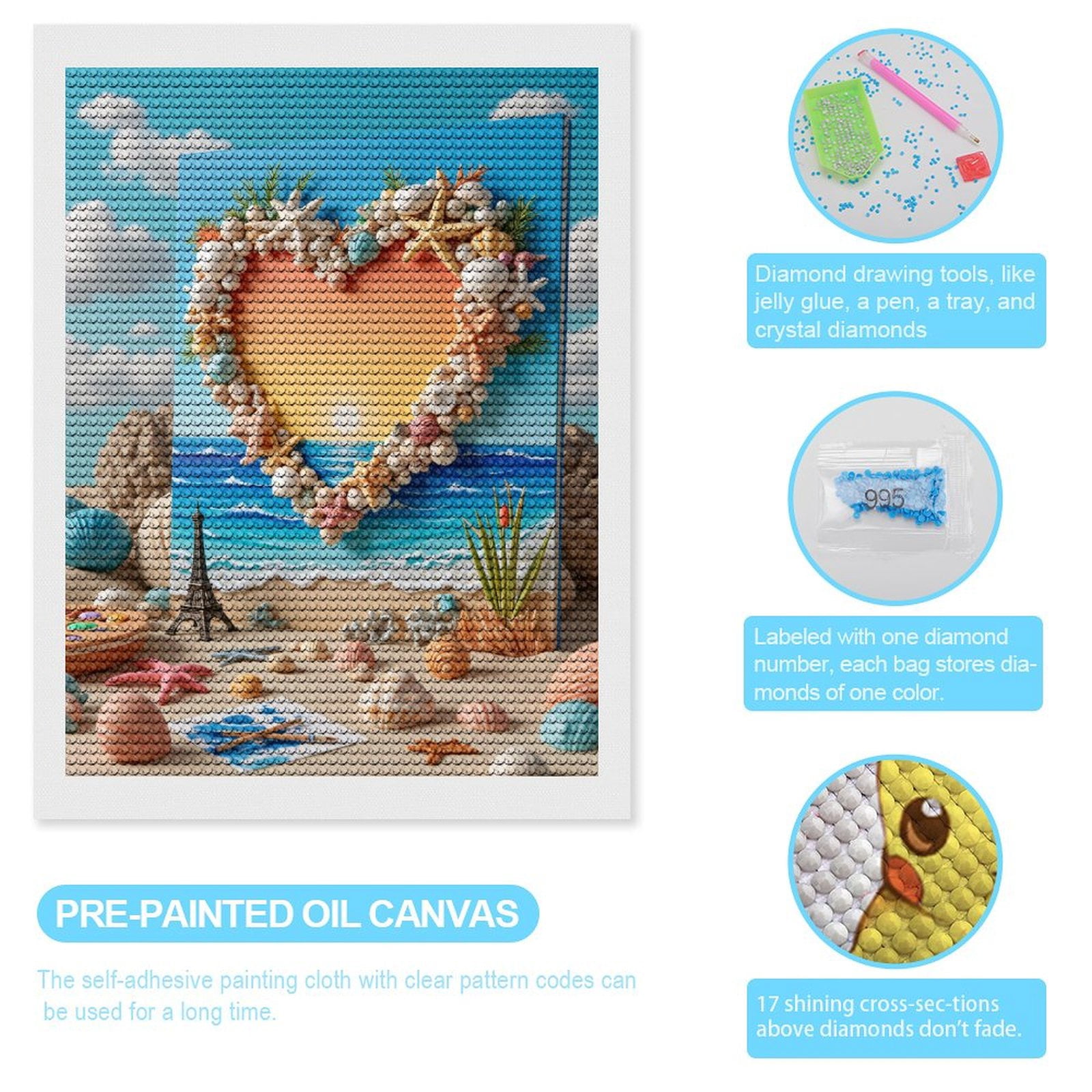 Diamond Art Kits for Adults - Seashell Heart Beach Scene Art 5d Diamond Painting for Adults, Diamond Art for Adults Beginners, Frameless Diamond Painting Kits for Adults for Home Wall Decor