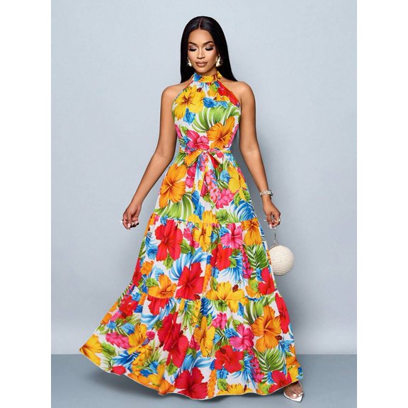 Womens Red Allover Tropical Floral Print Halter Neck Maxi Dress With Self-Tie Belt, Flowing Vacation Style