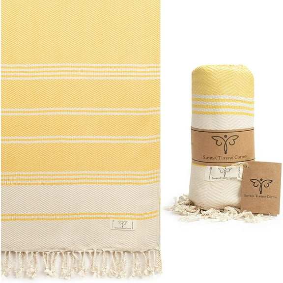 Smyrna Aegean Series Original Turkish Beach Towel 100% Cotton, Prewashed, 37 x 71 Inches Peshtemal and Turkish Bath Towel for SPA, Beach, Pool, Gym and Bathroom Yellow