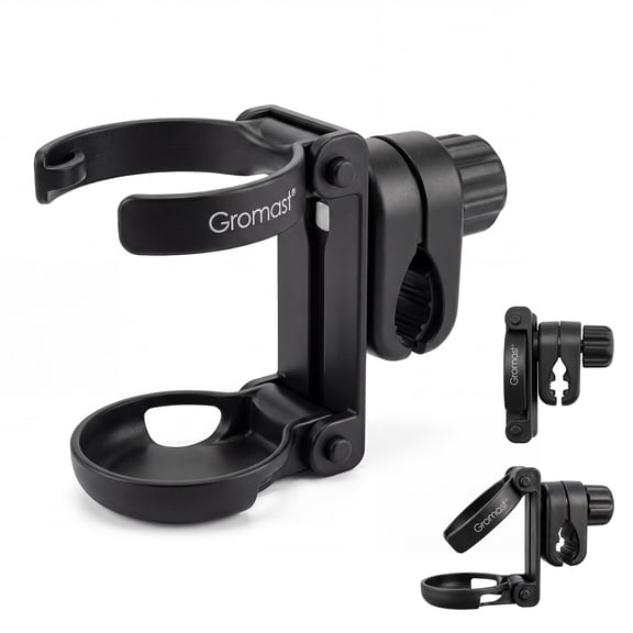 Gromast Foldable Stroller Cup Holder, 360°Rotatable with Adjustable Clip, Universal Cup Holder for Stroller, Wheelchair, Bike, Walker, Scooter, Tricycle - Black