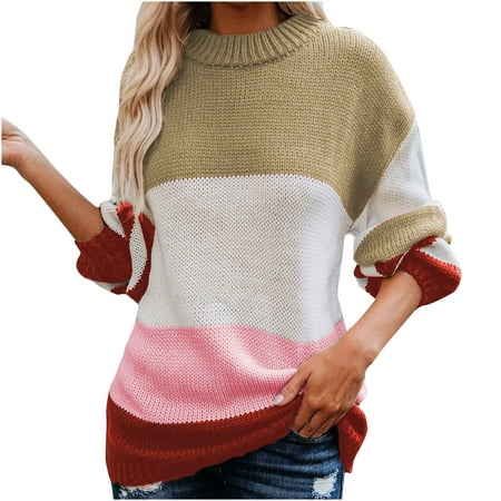 Mrat Womens Sweater Dress Casual Stripe Patchwork Long Sleeve Mock Neck Sweater Ladies Sweater Thick Knit Pullover Crewneck Sweater Coat Khaki M