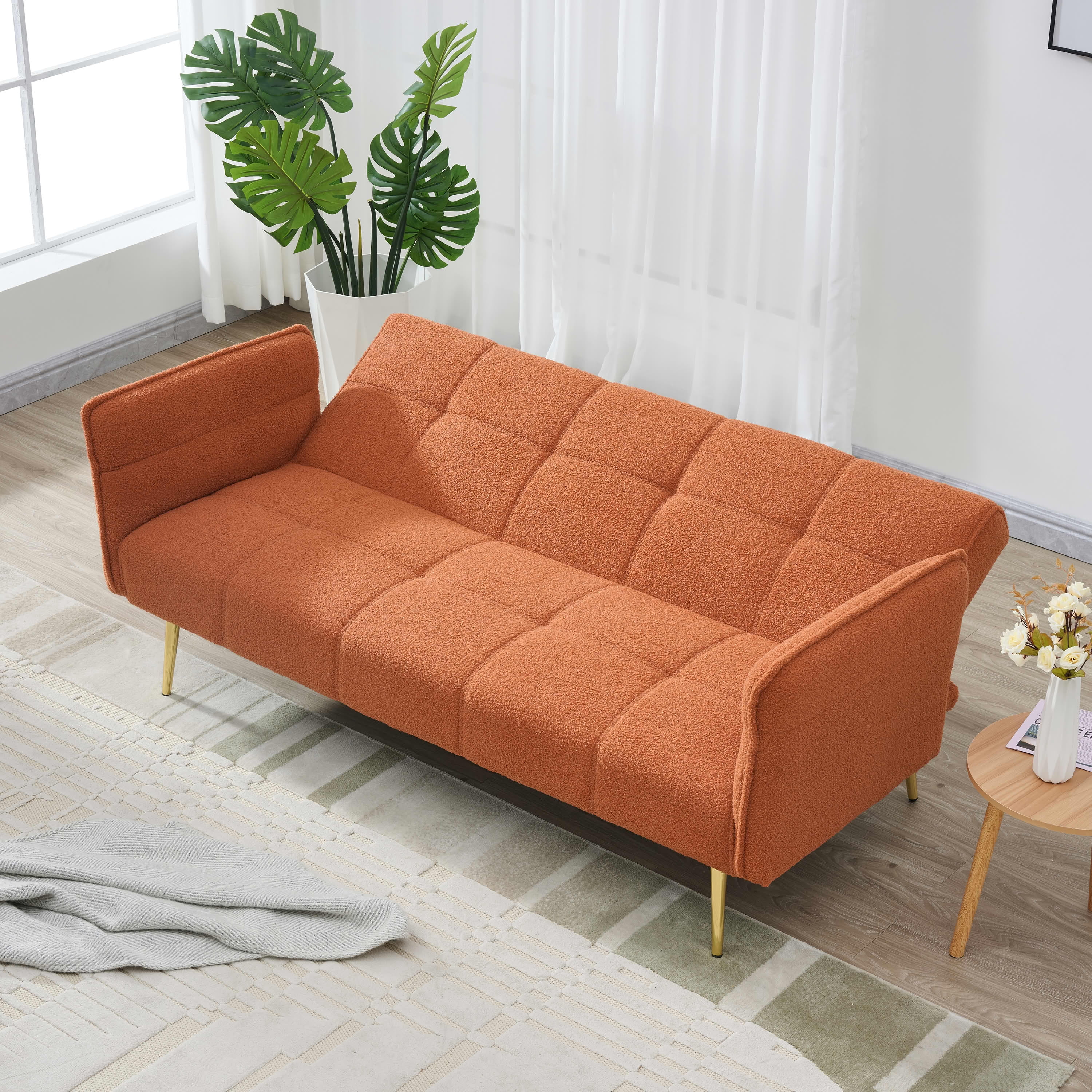 MAYEERTY 70" Orange Teddy Fleece Convertible Futon Sofa Bed, Adjustable Back Wood Frame Couch for Living Room Apartment